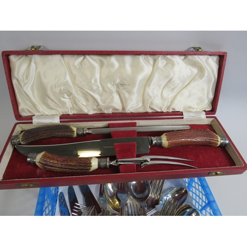 343 - Silver plated Kings pattern cutlery set and a boxed meat carving set with antler handle.