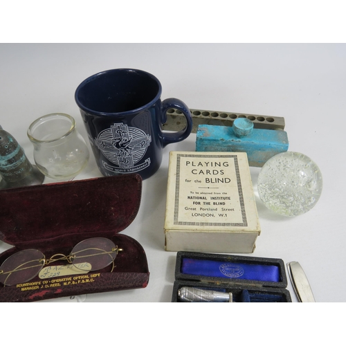 653 - Interesting mixed collectables lot including Nurses belt, Cards for the blind etc.