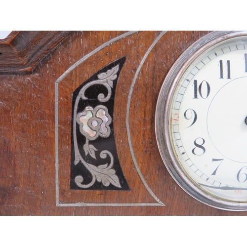 680 - Vintage oak french mantle clock with mother of pearl inlay, 63/4