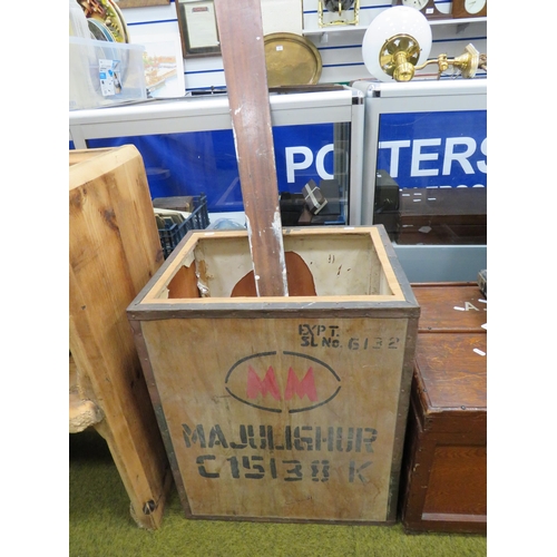 632 - Vintage wooden tea chest box and a large wooden set square.