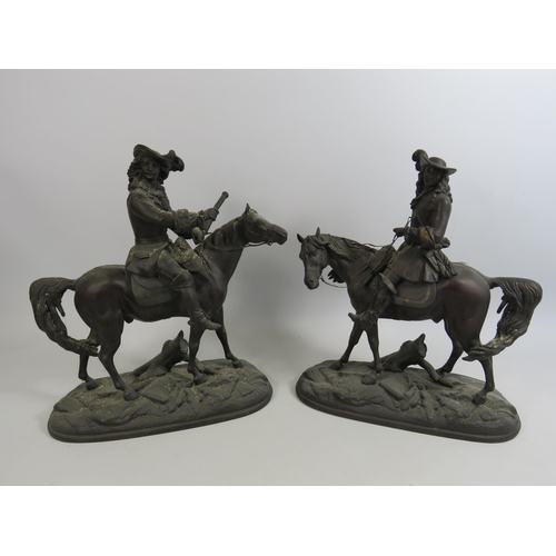 686 - Pair of vintage spelter figures depicting soldier on horse back. Approx 14