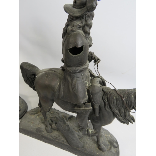 686 - Pair of vintage spelter figures depicting soldier on horse back. Approx 14