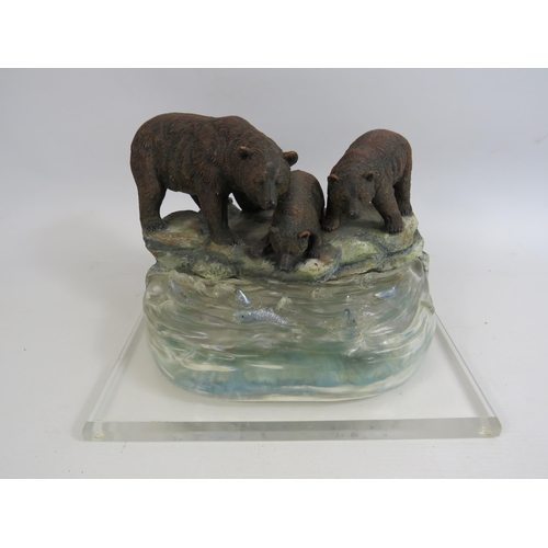 687 - A Crosa sculpture of Bears looking at fish in a river standing on a perspex base. Approx 8