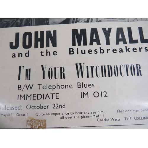 574 - Original 1960's poster of  John Mayall and the Bluesbreakers. Approx 17 x 11 inches. Fair condition ... 