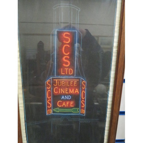 597 - Framed and mounted under glass print from 1932 of a Neon Cinema sign with letter confirming the orde... 