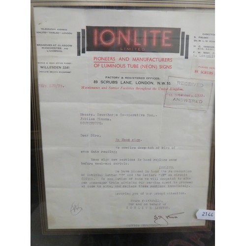 597 - Framed and mounted under glass print from 1932 of a Neon Cinema sign with letter confirming the orde... 