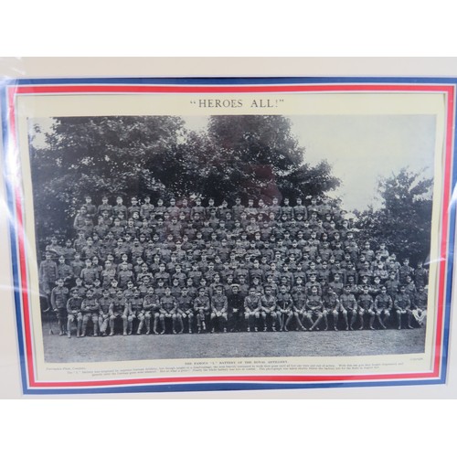 594 - Framed and mounted under glass print of 'L' Battery, Royal Artillery along with two Replica VC's.  2... 