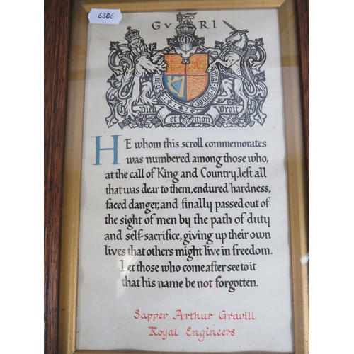 592 - Two Framed and mounted WW1 Solders postcards plus framed certificates from the King. Both for Gravil... 