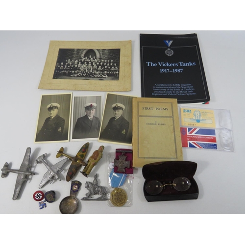 637 - Mixed lot to include military items, poems by Richard Elwes, Very vintage die cast metal models, rep... 