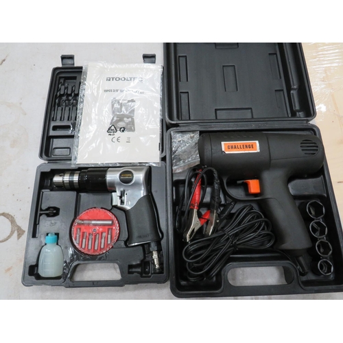 1058 - Tooltech 19 piece Air drill 3/8 drive, boxed and unused along with a Challenge 12V wrench with 12V s... 