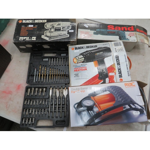 1072 - Black & Decker Sander, a Detail Sander, Heat gun, Double barrel footpump plus box of drills.