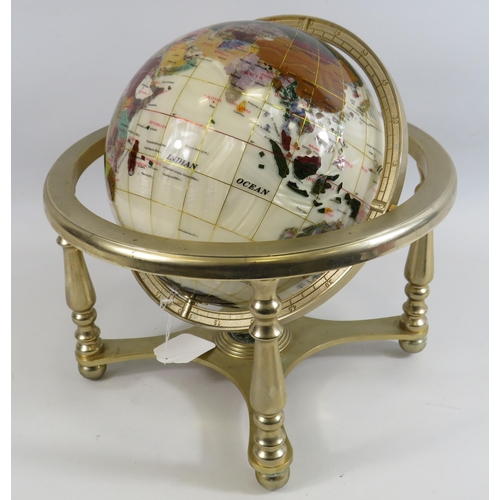 27 - Semi Precious gemstone world globe in a brass stand. Approx 13