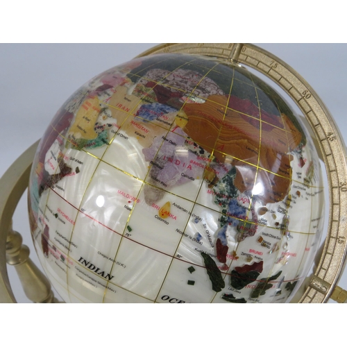 27 - Semi Precious gemstone world globe in a brass stand. Approx 13