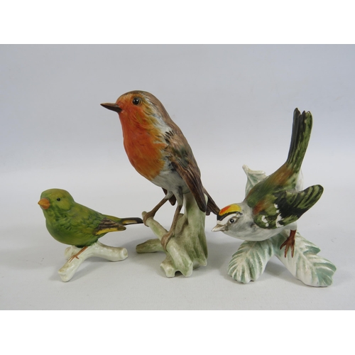 4 - 3 Bisque Goebel bird figurines Robin, Goldcrest and Greenfinch. The tallest measure 12.5cm tall