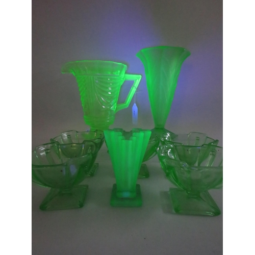 41 - Selection of Art deco green Uranium Glass, vases, jug and bowls.