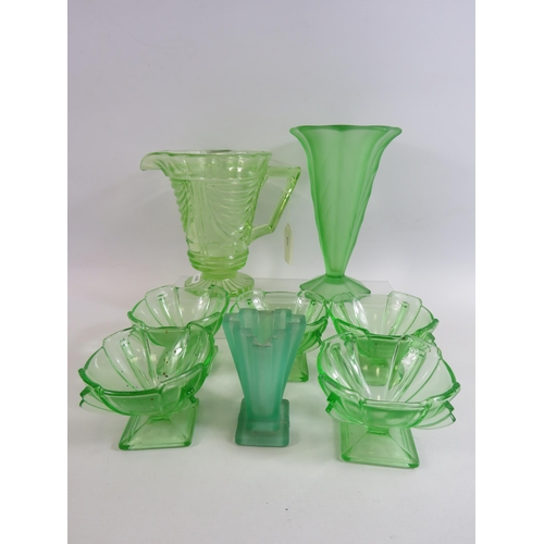 41 - Selection of Art deco green Uranium Glass, vases, jug and bowls.