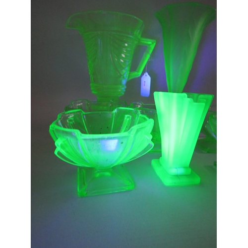 41 - Selection of Art deco green Uranium Glass, vases, jug and bowls.