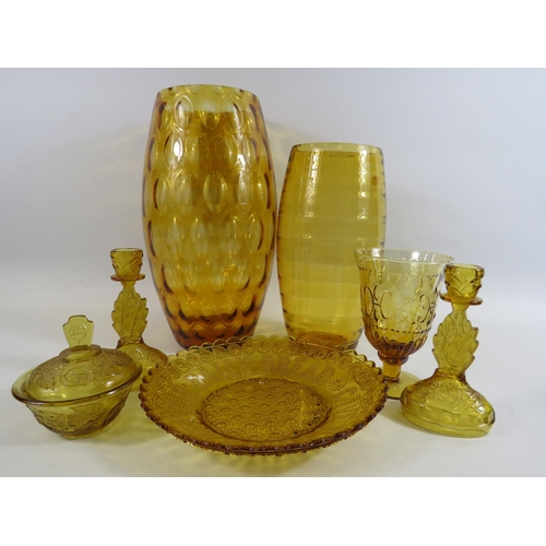 43 - Selection Art deco and Modern amber glass, vases, candlesticks etc.