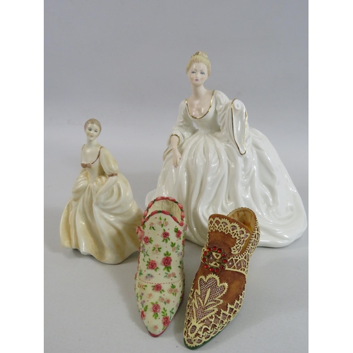 7 - 2 Coalport figurines and 2 Leonardo Shoes. (one of the Coalport ladies is missing an arm )