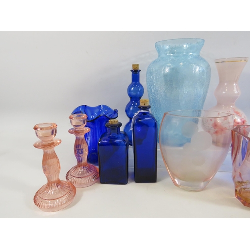 51 - Selection of Blue and pink art glass vases, bottles, candlesticks etc.