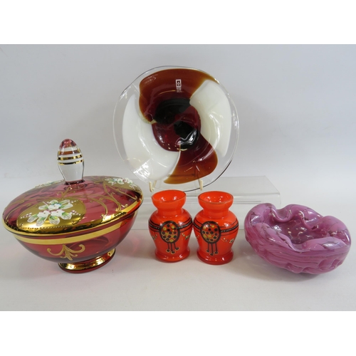 56 - 2 Pieces Mdina art glass and a Bohemian glass & enamel lidded bowl plus 2 small vases.