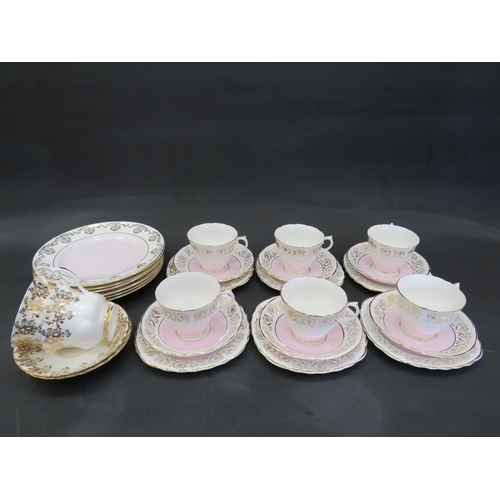 75 - Shabby chic pink gold and white Balfours teaset and 2 Royal albert anniversary cups and saucers.