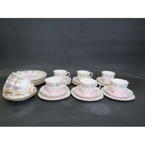 75 - Shabby chic pink gold and white Balfours teaset and 2 Royal albert anniversary cups and saucers.