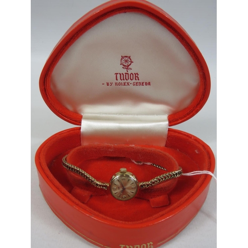 403 - Rolex Tudor ladies watch with 9ct Yellow Gold case and strap.  Intermittent runner. 11.1g