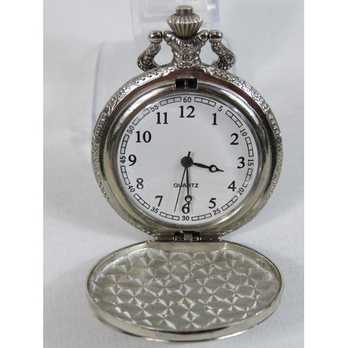 404 - Metal cased quartz pocket watch requires battery. See photos.