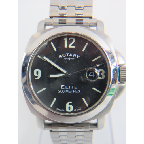 405 - Rotary Elite mens watch with date window, expanding  metal strap, papers & Box. Will need new batter... 