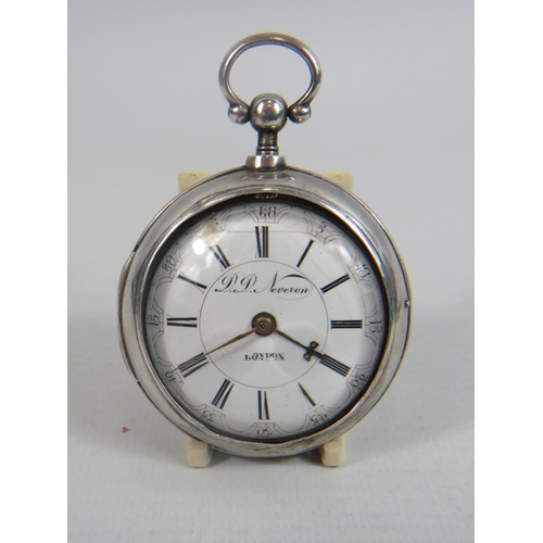 410 - Silver pair cased pocket watch, maker DD Neveren, London. Enamel face. Case is hallmarked for London... 