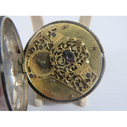 410 - Silver pair cased pocket watch, maker DD Neveren, London. Enamel face. Case is hallmarked for London... 