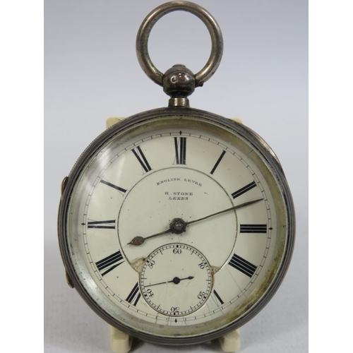 411 - Silver cased English Lever pocket watch by H Stone of Leeds. Case is hallmarked for Chester 1894  mo... 