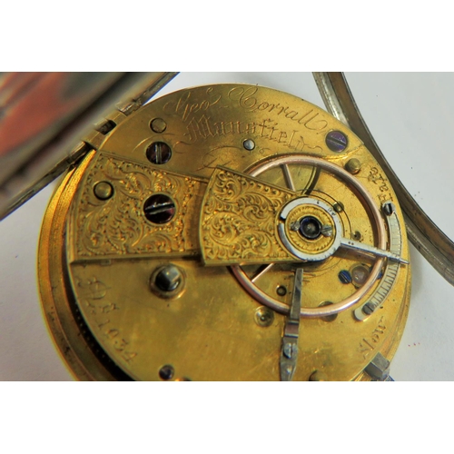 414 - Silver cased pocket watch. Maker Geoff Corrall of Mansfield. London 1853. Intermittent runner.. See ... 