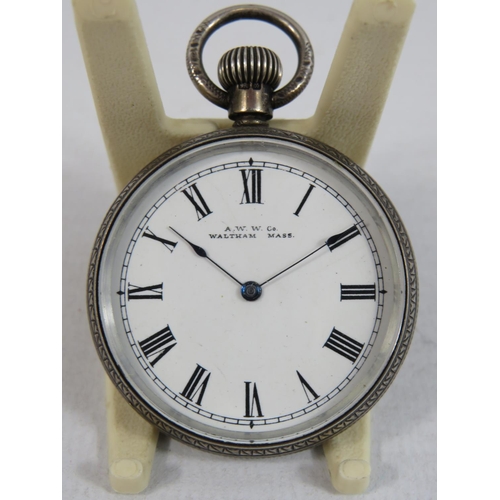 415 - Silver cased Waltham Pocket watch. Clear enamel face. Crown wind. Non runner for spares or repairs. ... 