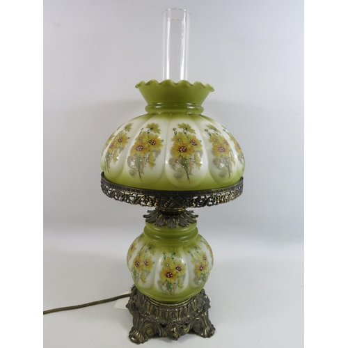 173 - Vintage oil lamp converted to electric, hand painted glass shade and body with double bulb fiting.