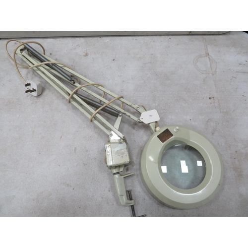 757 - Desk mounted Angle poise lamp with magnifying lens. Working order. See photos