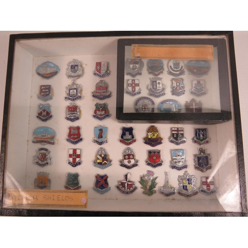 674 - British and Foreign shields in a glass display case.