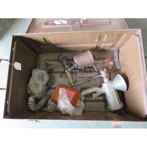 992 - Vintage ammo box and contents which include a gas mask, mincer and blow torch.