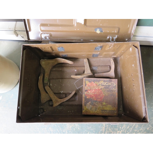 993 - Vintage ammo box and contents which include a shoe lasts and a vintage tin.