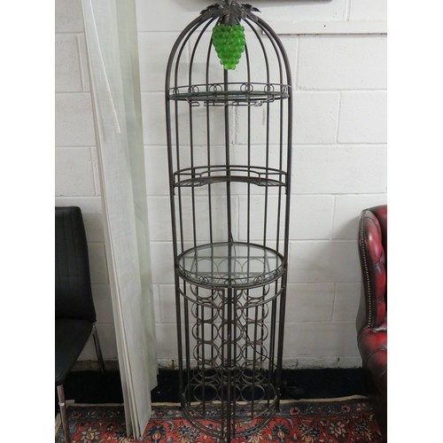 999 - Metal and glass wine cabinet with two glass tops. Illuminated grapes to top (needs bulb) approx 5ft ... 