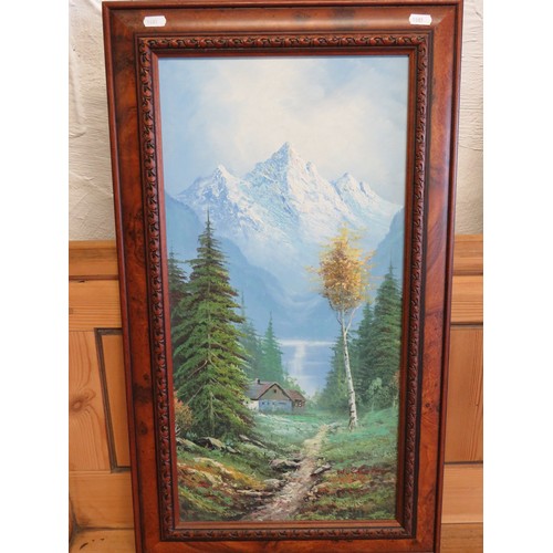 1001 - Oil on Board of an Alpine scene, wooden frame. 29 x 16 inches. see photos