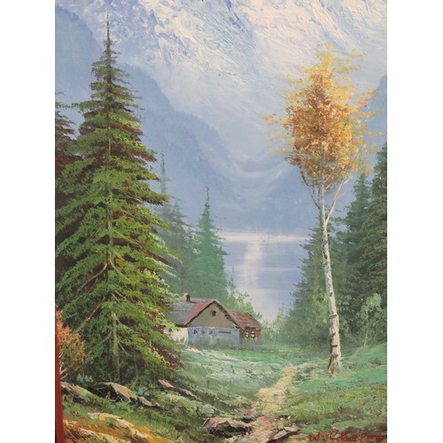 1001 - Oil on Board of an Alpine scene, wooden frame. 29 x 16 inches. see photos