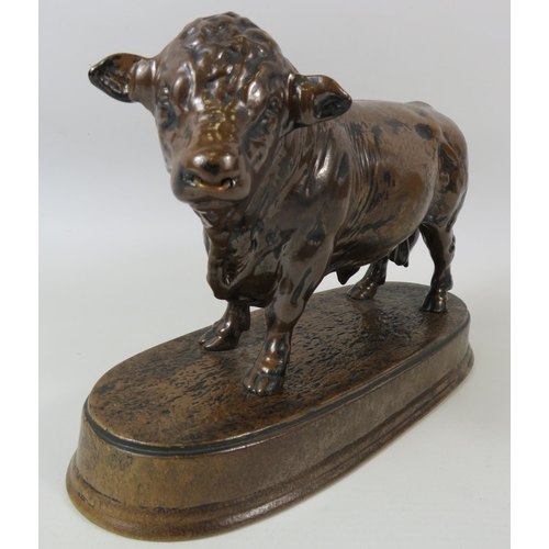 32 - Beswick Britannia collection bronze Hereford Bull stood on a plinth. 16.5cm tall and 25cm long.