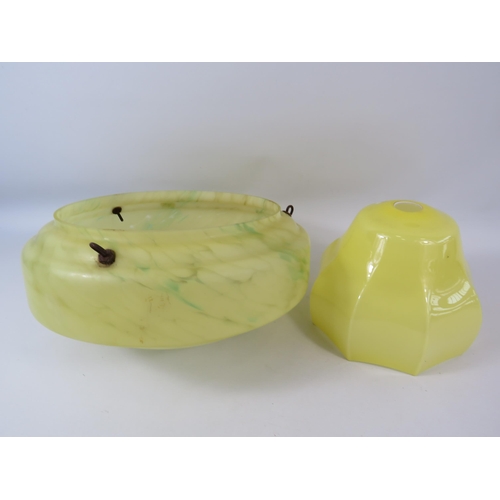 50 - Art deco uranium glass flycatcher light shade in yellow plus one other vintage shade.