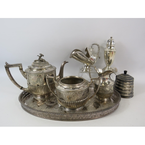 52 - Silver plated selection including a tray, teaset, sugar sifter etc.