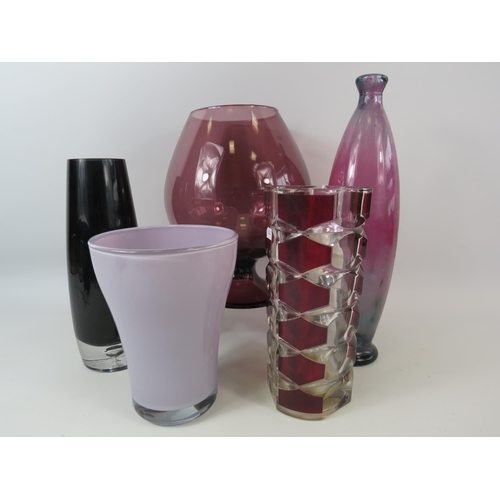 58 - Burgandy and pink art glass selection including vases and a large brandy balloon.