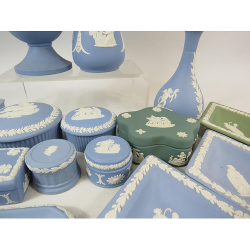 61 - Wedgwood Jasperware in light blue, green and teal. Vases, trinkets, candlesticks etc.