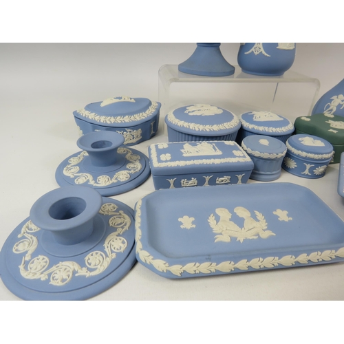 61 - Wedgwood Jasperware in light blue, green and teal. Vases, trinkets, candlesticks etc.