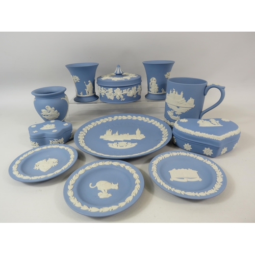 62 - Wedgwood Jasperware in light blue. Vases, trinkets, candlesticks etc. ( lid on large trinket has bee... 